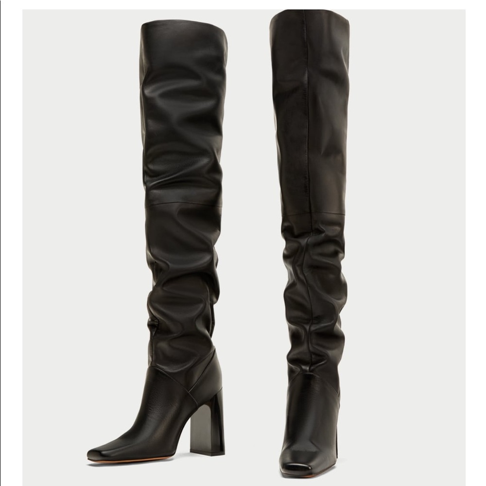 ZARA Genuine Leather Over the Knee Boots. NEW